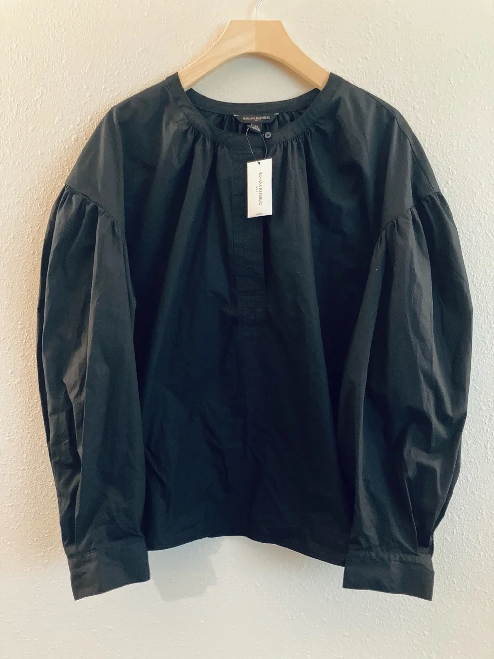 Banana Republic Balloon Volume Puff Sleeve Cotton Poplin Blouse Top Black Split